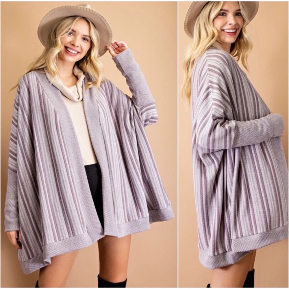 1 LEFT! USA MADE Dusty Plum Striped Oversized Open Front Fall Cardigan - Picture 3 of 3